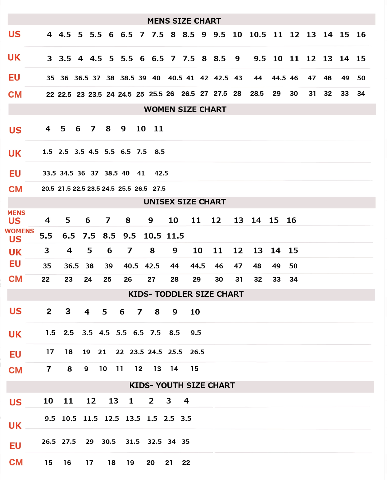 vans youth size chart