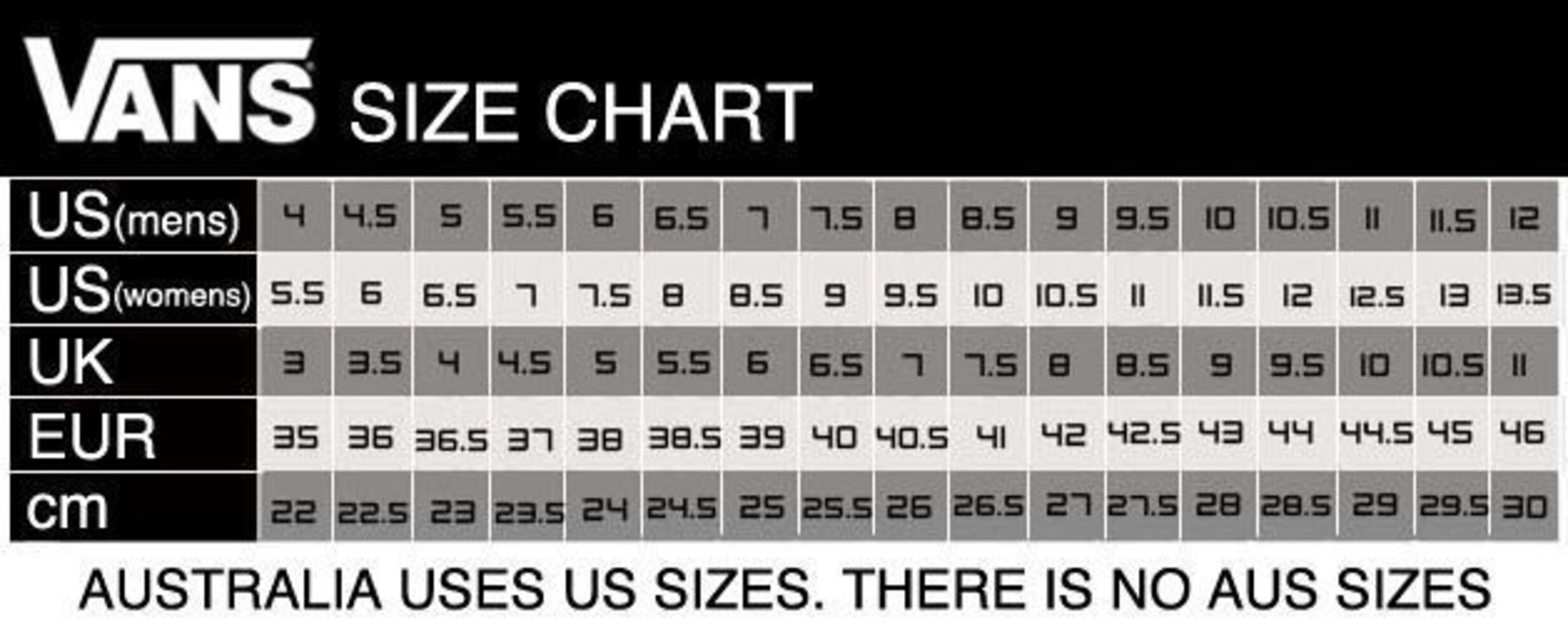 vans era size chart