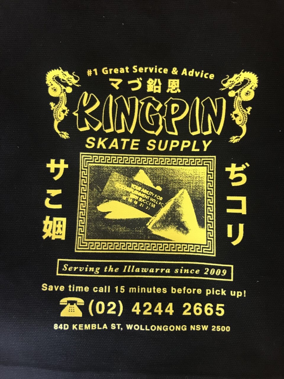 Kingpin Fortune Tote Bag Black Yellow Print Kingpin Skate Supply