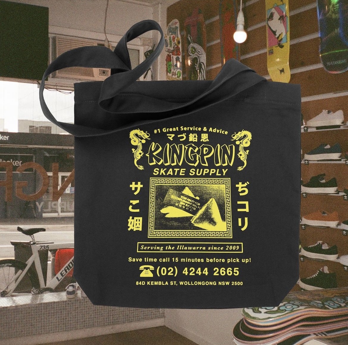 Kingpin Fortune Tote Bag Black Yellow Print Kingpin Skate Supply(05)