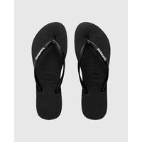 HAVAIANAS SLIM BLACK / SILVER METAL LOGO Thongs Sandals WOMENS Flip Flops HSBS0090F