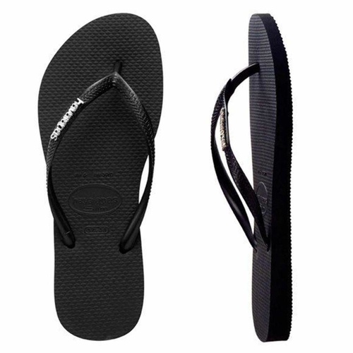 HAVAIANAS SLIM BLACK / BLACK METAL LOGO Thongs Sandals WOMENS FREE POST Flip Flops HSBS0090F [SIZE: 37/38 = US 7/8 WOMENS]