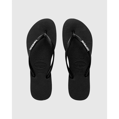 HAVAIANAS SLIM BLACK / BLACK METAL LOGO Thongs Sandals WOMENS FREE POST Flip Flops HSBS0090F [SIZE: 37/38 = US 7/8 WOMENS]