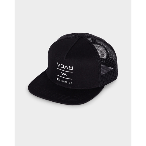 RVCA BETWEEN THE LINES BLACK TRUCKER CAP RUCA HAT