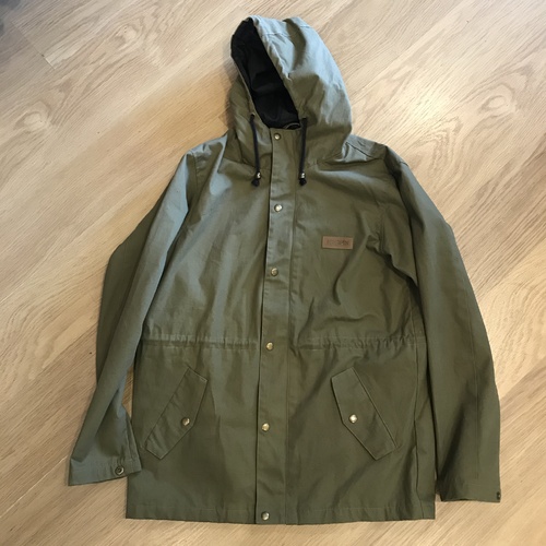 KINGPIN SKATE SUPPLY HOODED JACKET OLIVE GREEN ZIP FRONT BUTTONS WINDBREAKER DRAWSTRINGS [Size: M]