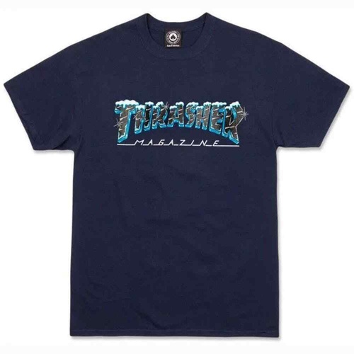 THRASHER Black Ice Short Sleeve T-Shirt NAVY BLUE | snow-capped thrasher magazine logo [Size: S]