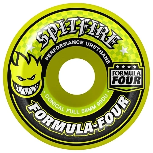 SPITFIRE FORMULA FOUR SKATEBOARD WHEELS 58MM SF F4 99D CONICAL FULL NEON YELLOW BLUE PRINT