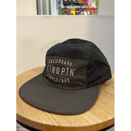 Kingpin Cap 5 panel Strap Back Black / Grey Kingpin Logo Nylon Skate Supply Adjustable