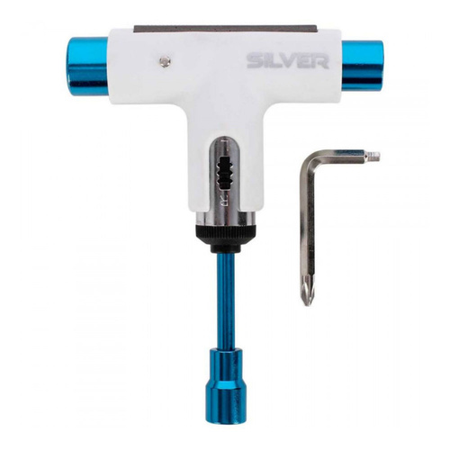 SILVER PREMIUM SKATEBOARD TOOL WHITE / BLUE RATCHET SKATE T TOOL